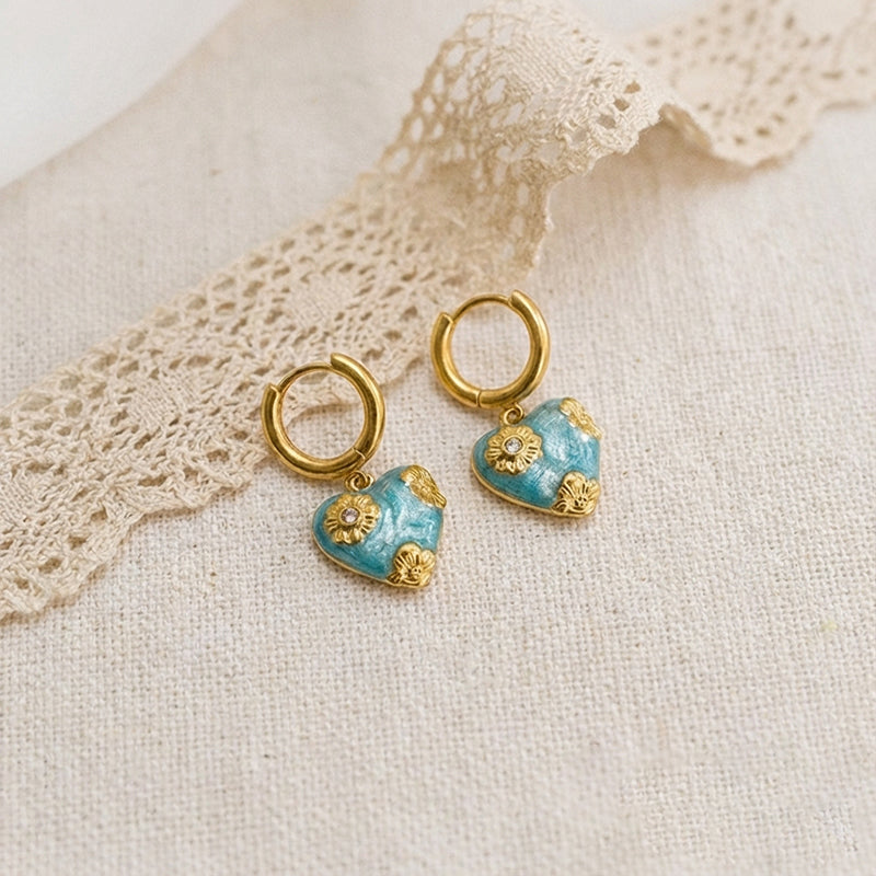 Enamel Heart Drop Earrings w/ Crystals & Gold Flowers