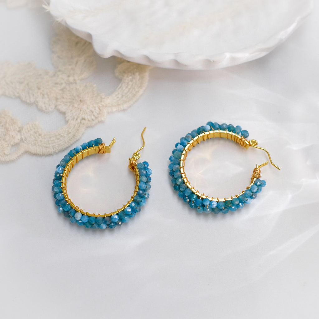 Blue Beaded Hoop Earrings – Gold Tone Crystal Bead Circle Earrings