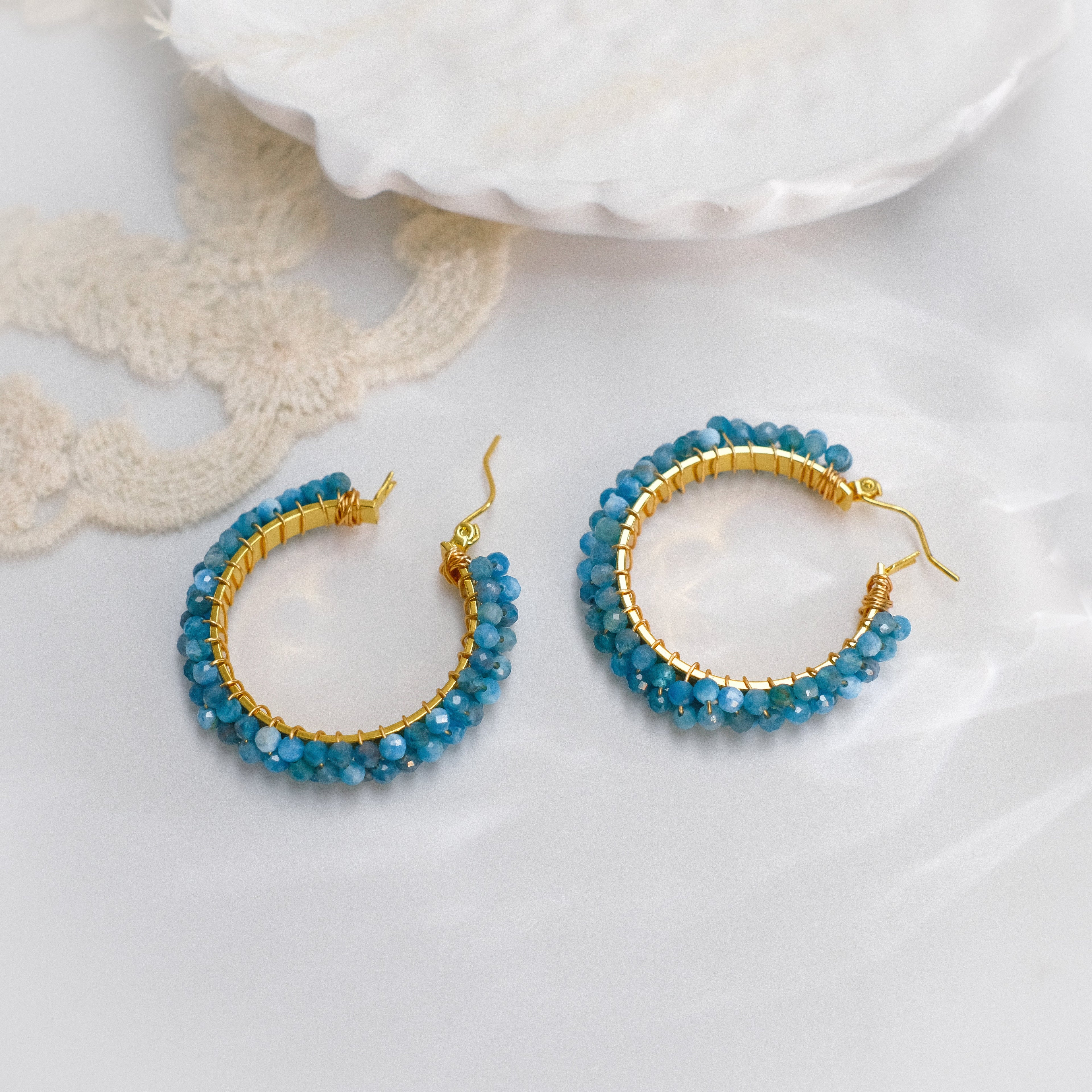 Blue Beaded Hoop Earrings – Gold Tone Crystal Bead Circle Earrings