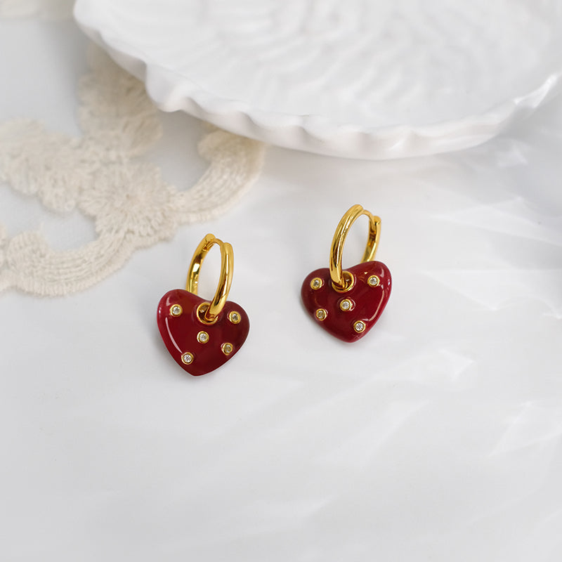 Sparkling Red Heart Hoop Earrings with Diamond Accents