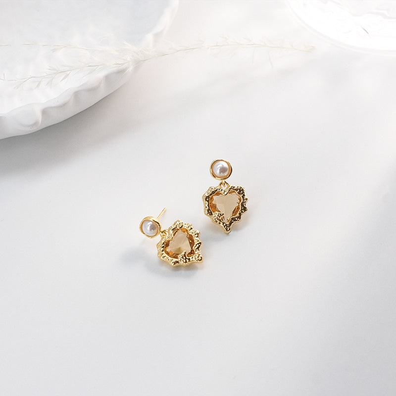 Golden Heart Stud Earrings with Pearl