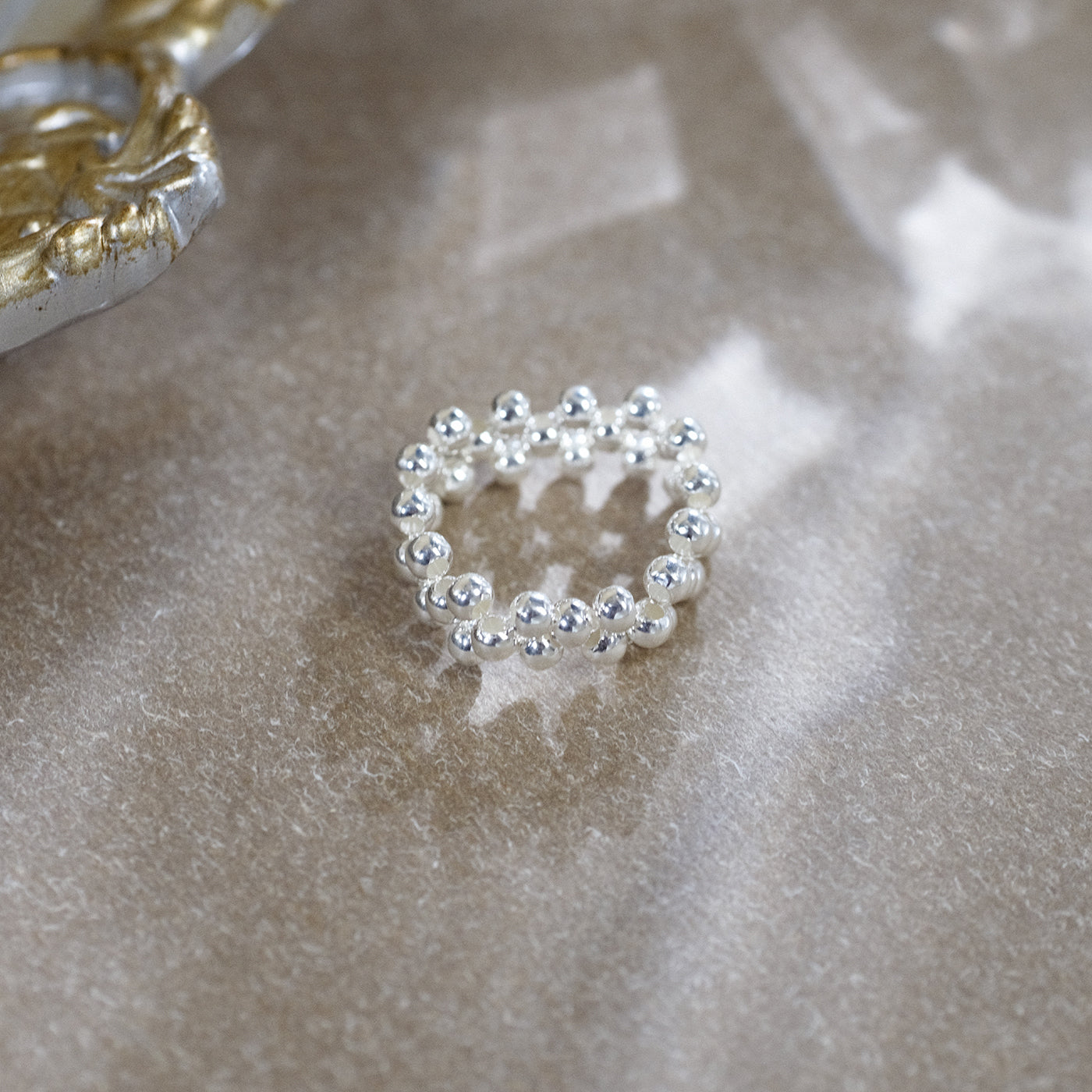 Silver Beaded Ring with Pearl Glow