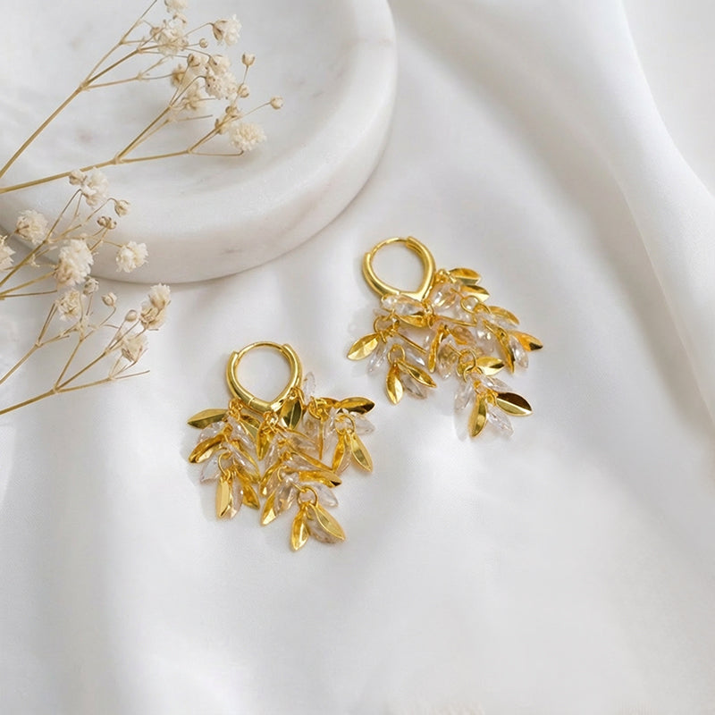Gold-Toned Hoop & Crystal Leaf Dangle Earrings