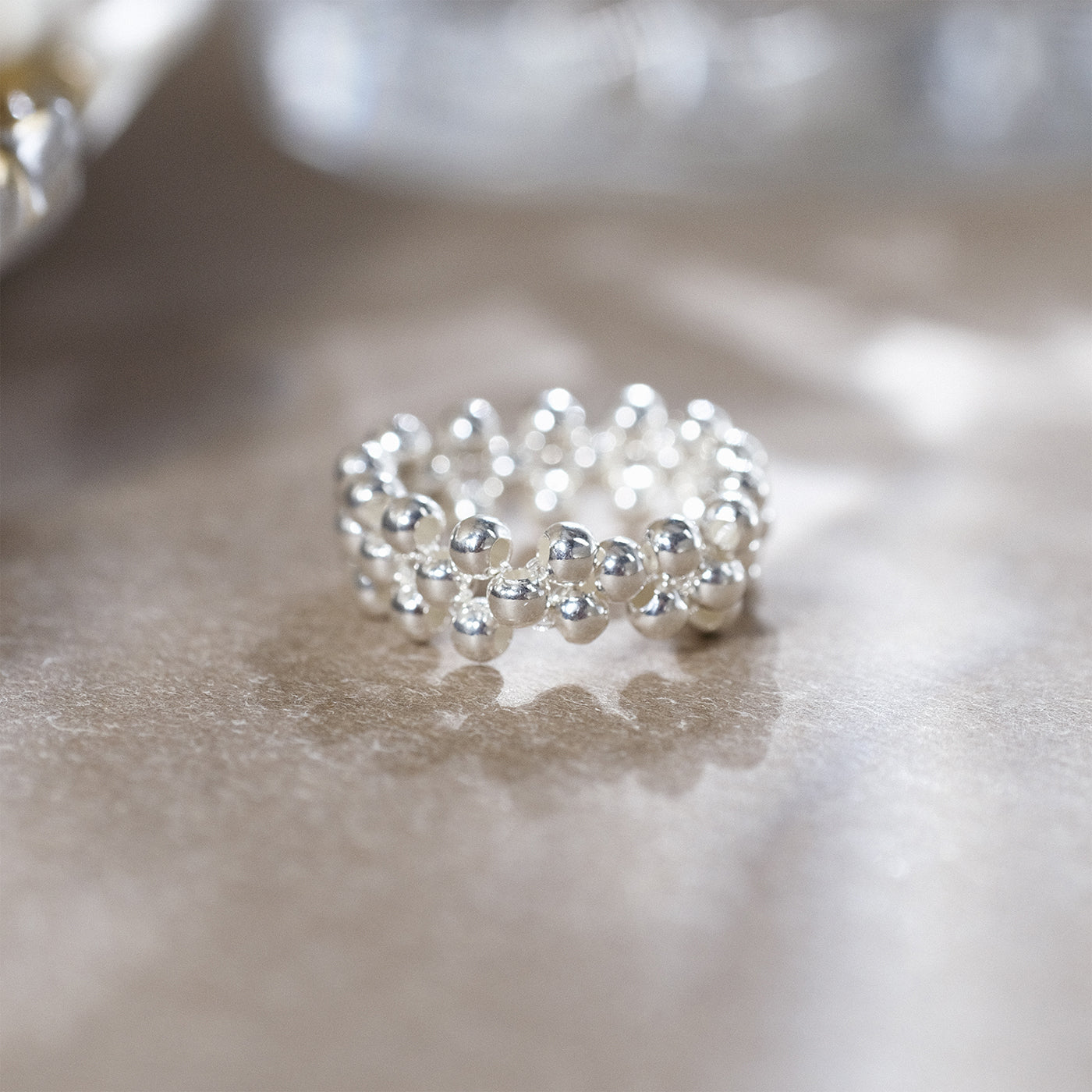 Silver Beaded Ring with Pearl Glow