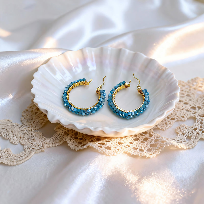 Blue Beaded Hoop Earrings – Gold Tone Crystal Bead Circle Earrings