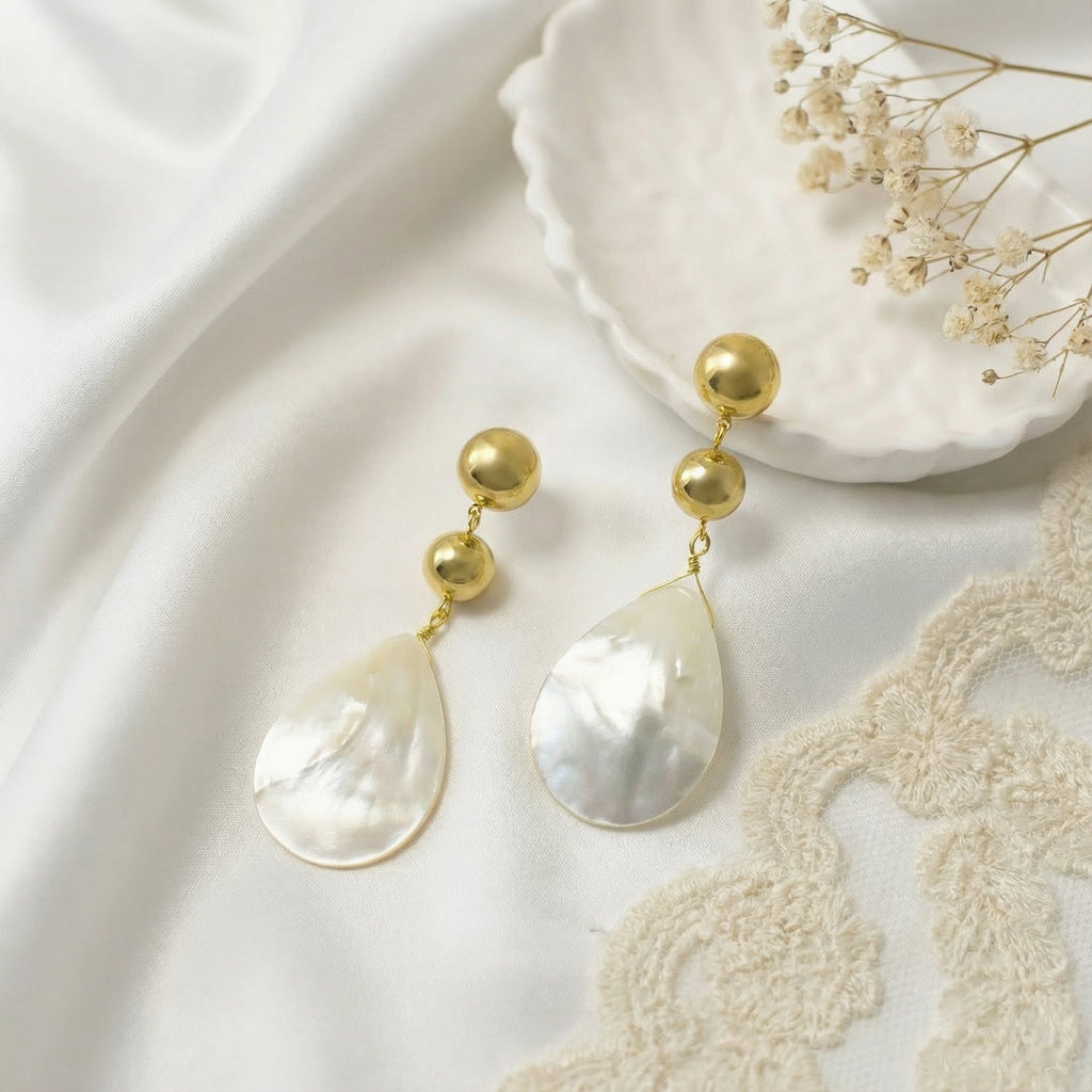 Elegant 18K Gold-Plated Ball & Mother-of-Pearl Drop Earrings: Timeless Sophistication!