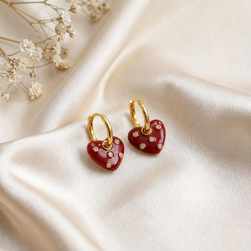 Sparkling Red Heart Hoop Earrings with Diamond Accents