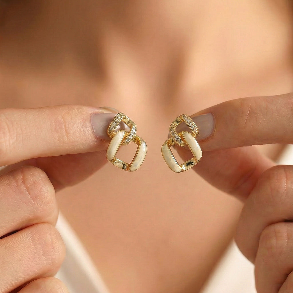 Gold & White Square Stud Earrings