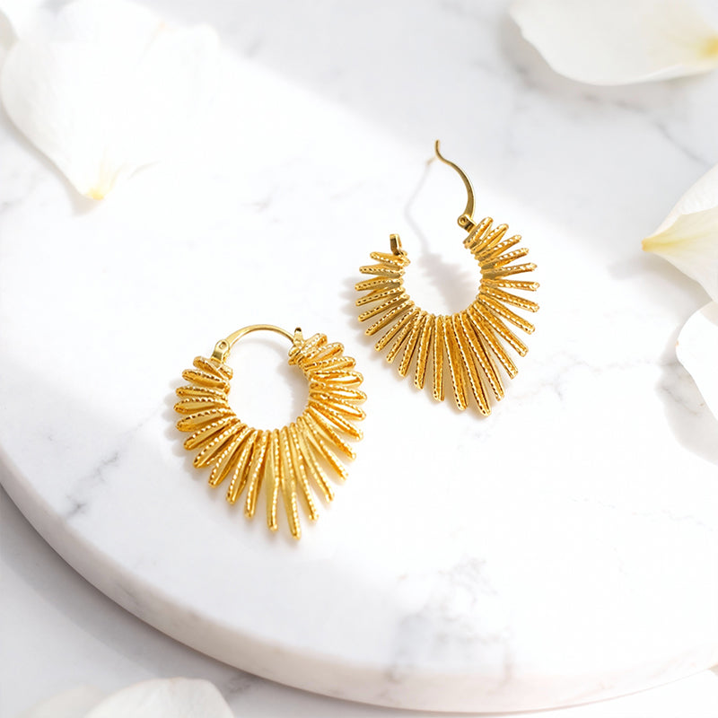 Golden Fan-Shaped Hoop Earrings with Textured Details