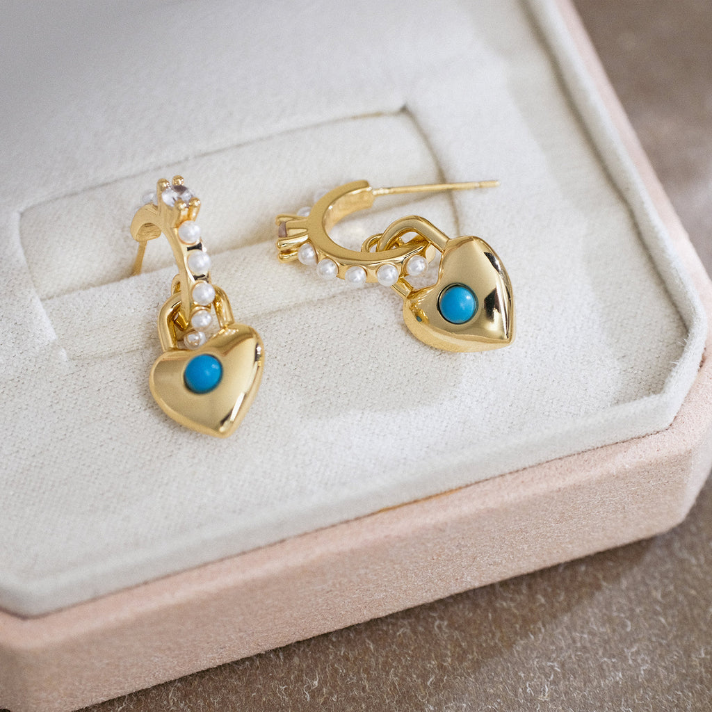 Gold Heart Earrings with Turquoise