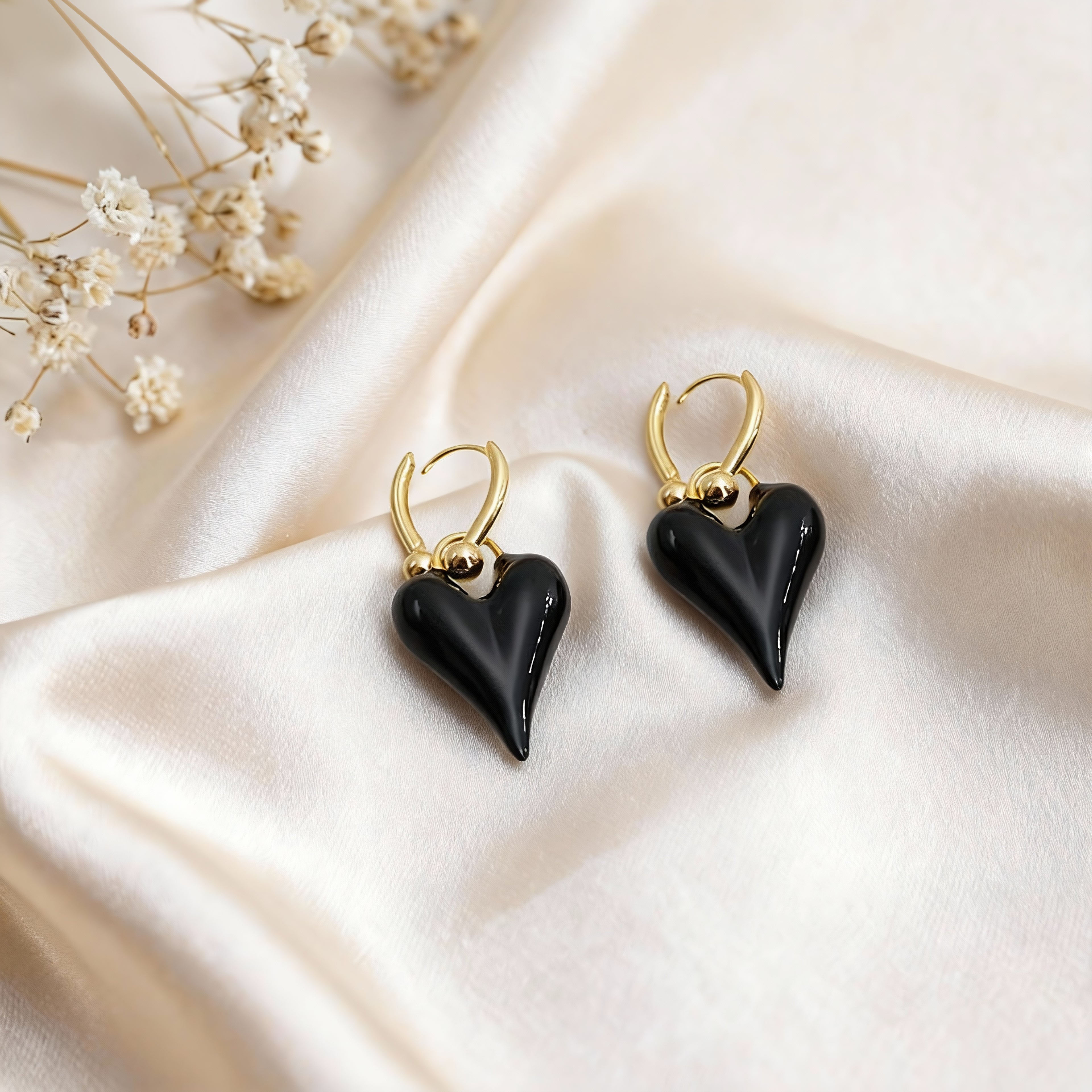 Glossy Black Heart Drop Earrings with Gold Hooks