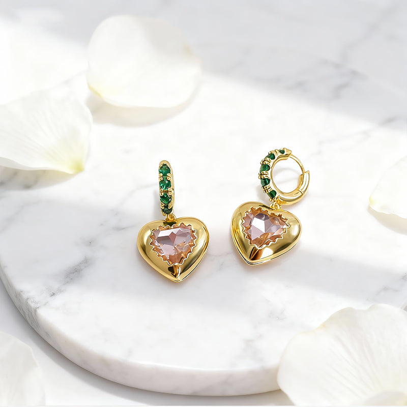 Elegant Gold Heart Drop Earrings with Crystal & Green Zircon