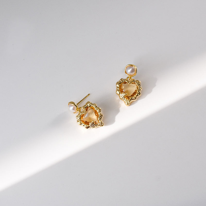 Golden Heart Stud Earrings with Pearl