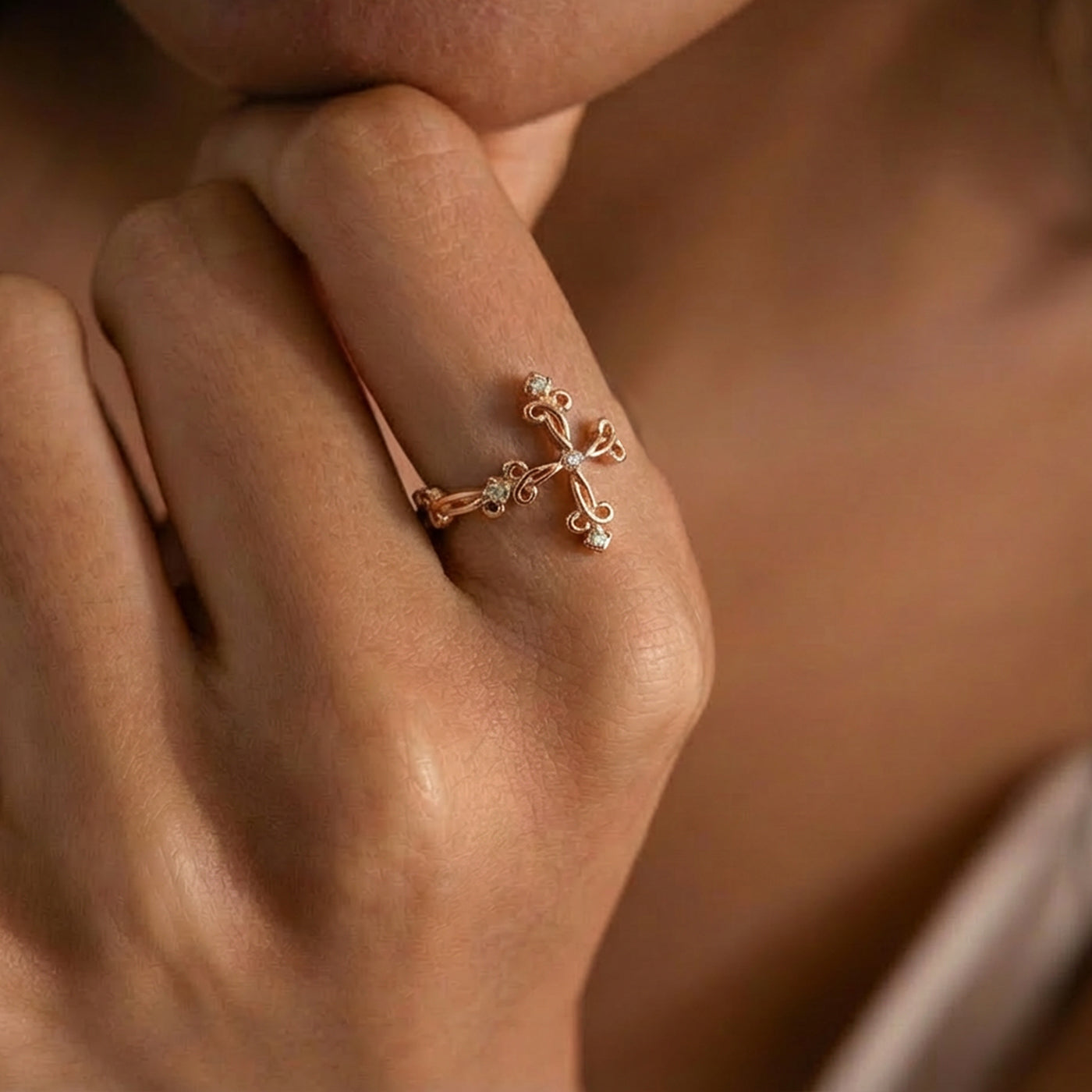Rose Gold Cross Ring with Diamonds