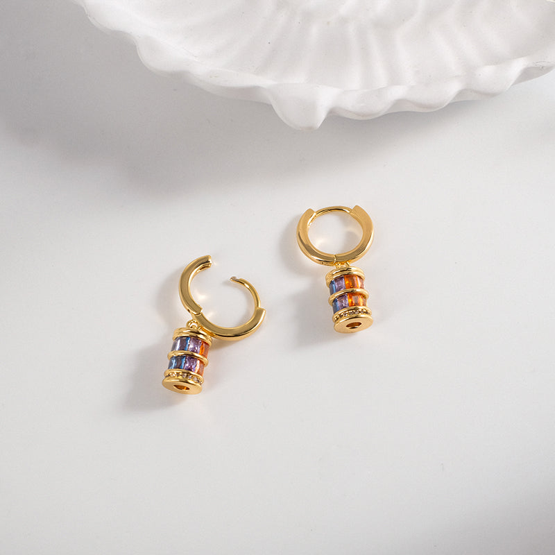 Gold Hoop Earrings with Colorful Cylinder Charms