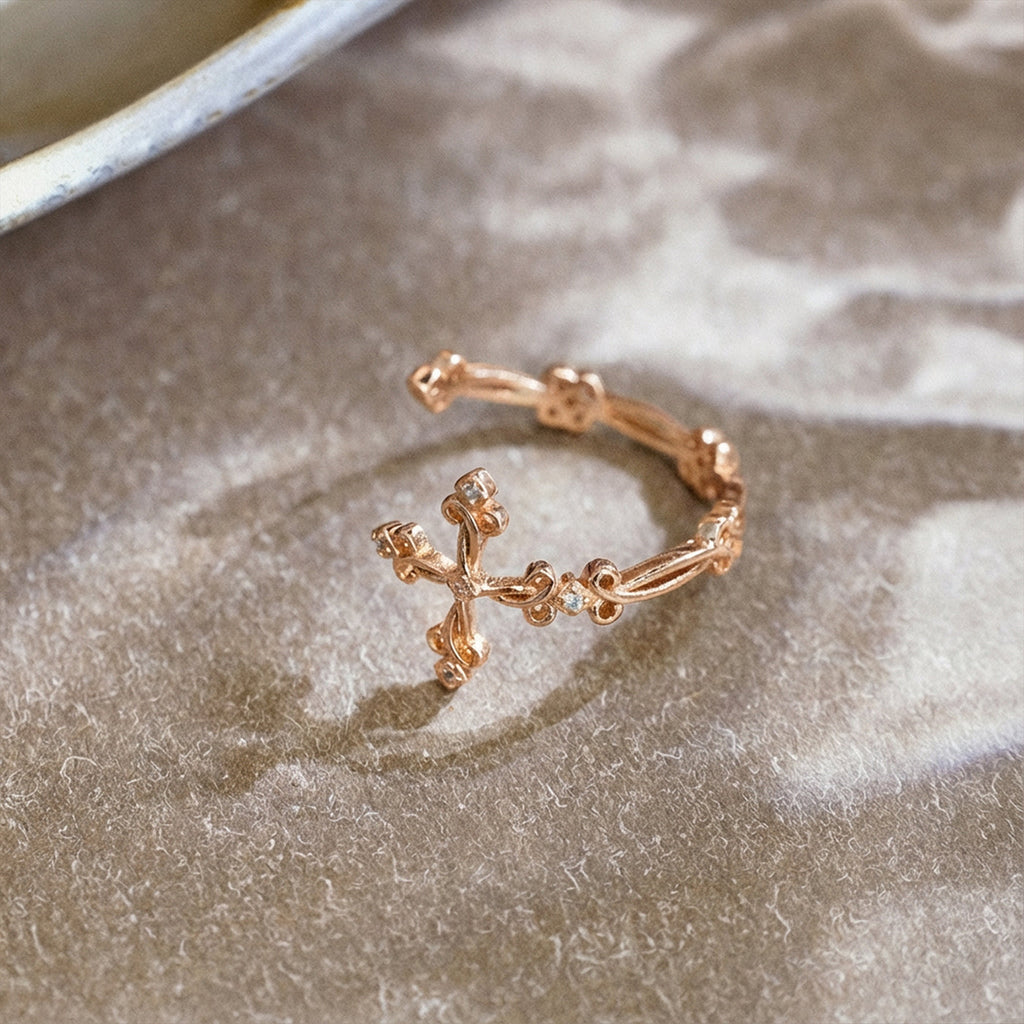 Rose Gold Cross Ring with Diamonds