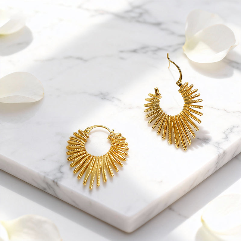 Golden Fan-Shaped Hoop Earrings with Textured Details
