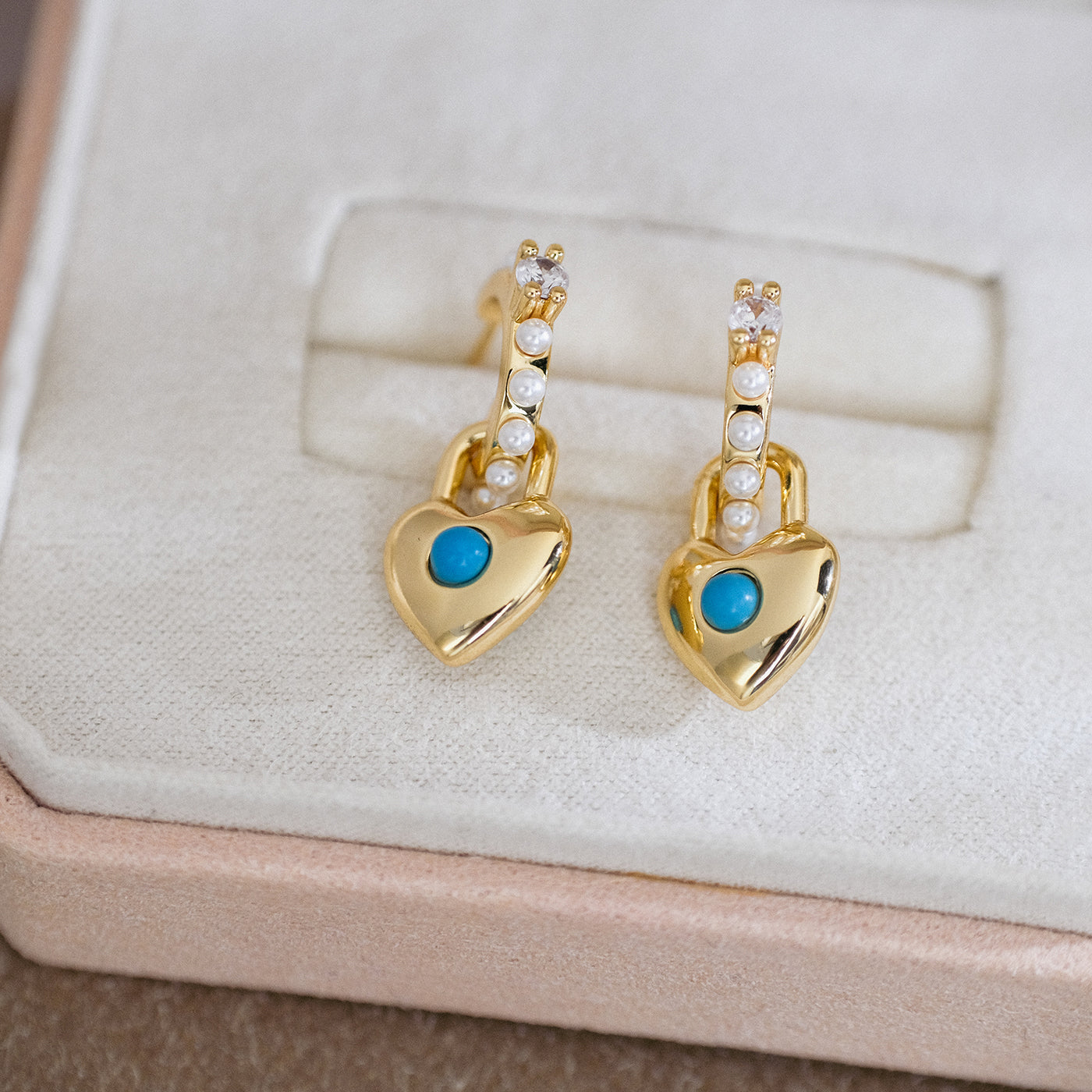 Gold Heart Earrings with Turquoise