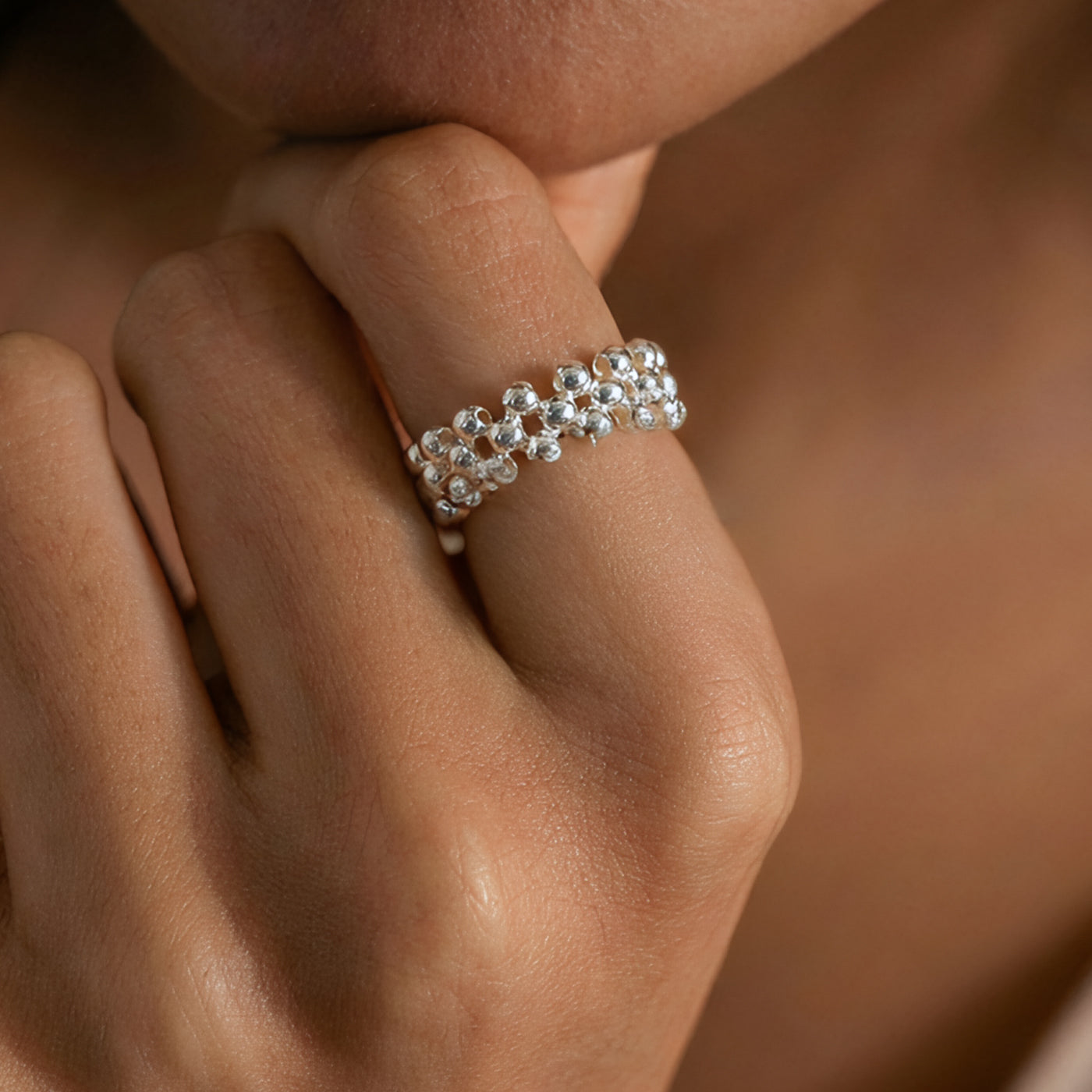 Silver Beaded Ring with Pearl Glow