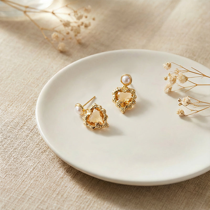 Golden Heart Stud Earrings with Pearl