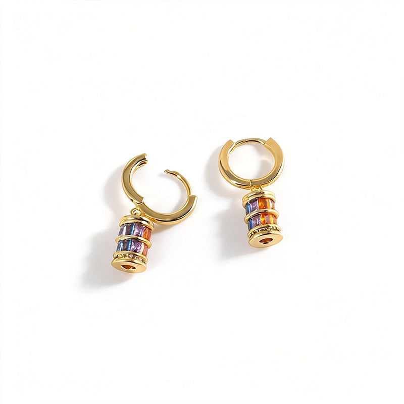 Gold Hoop Earrings with Colorful Cylinder Charms