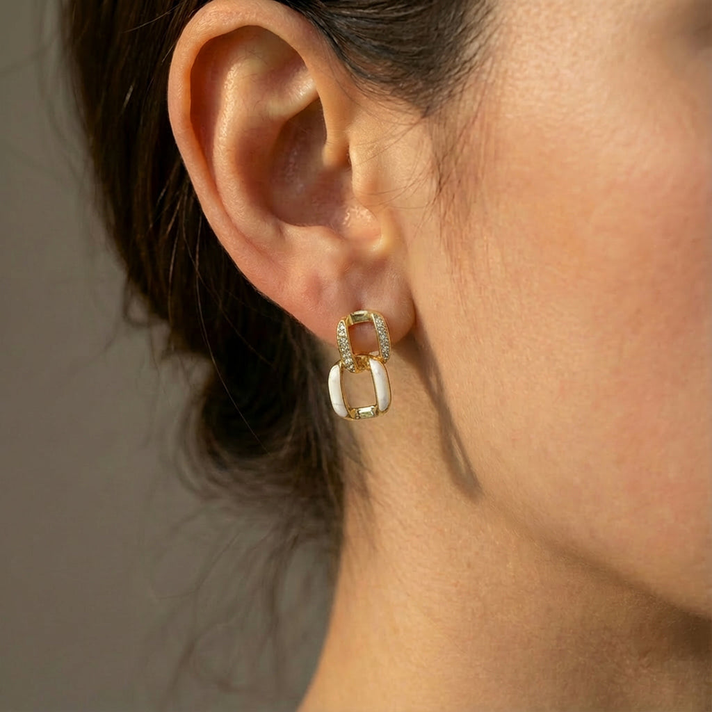 Gold & White Square Stud Earrings