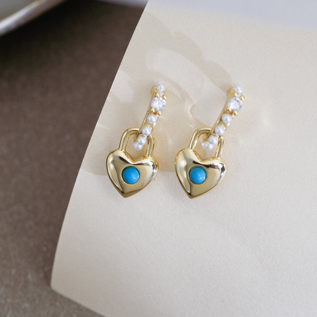 Gold Heart Earrings with Turquoise