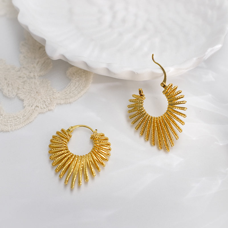 Golden Fan-Shaped Hoop Earrings with Textured Details