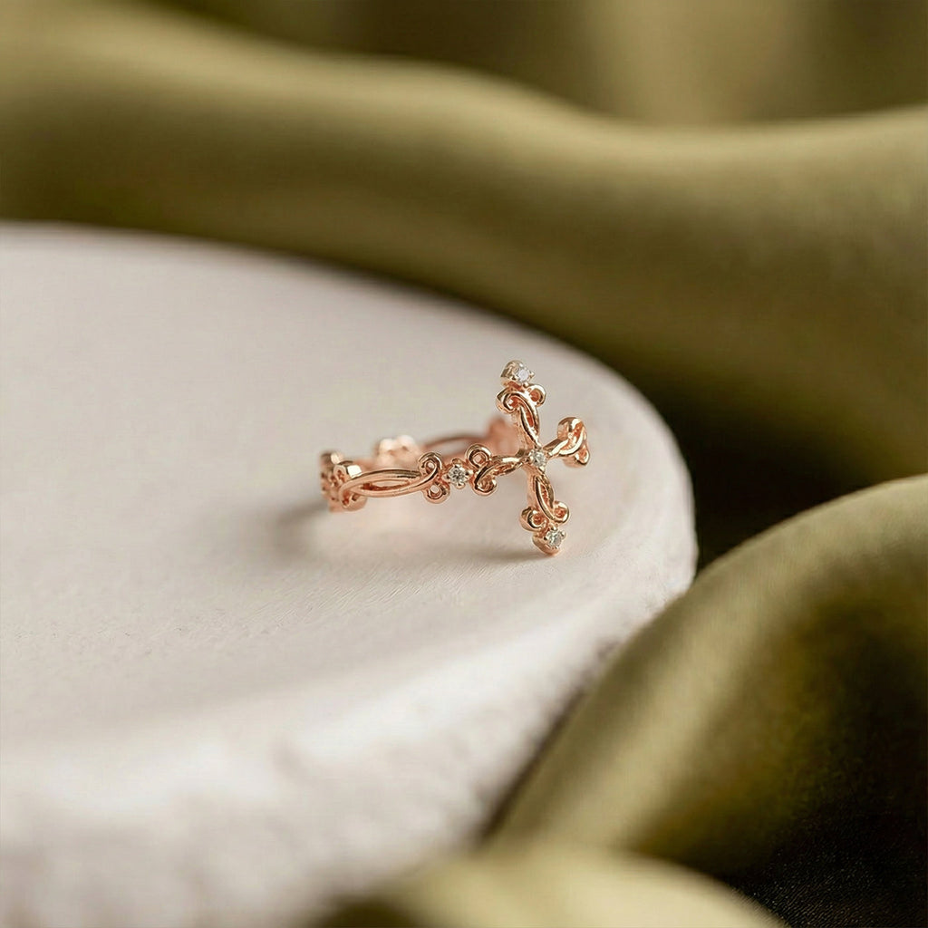 Rose Gold Cross Ring with Diamonds