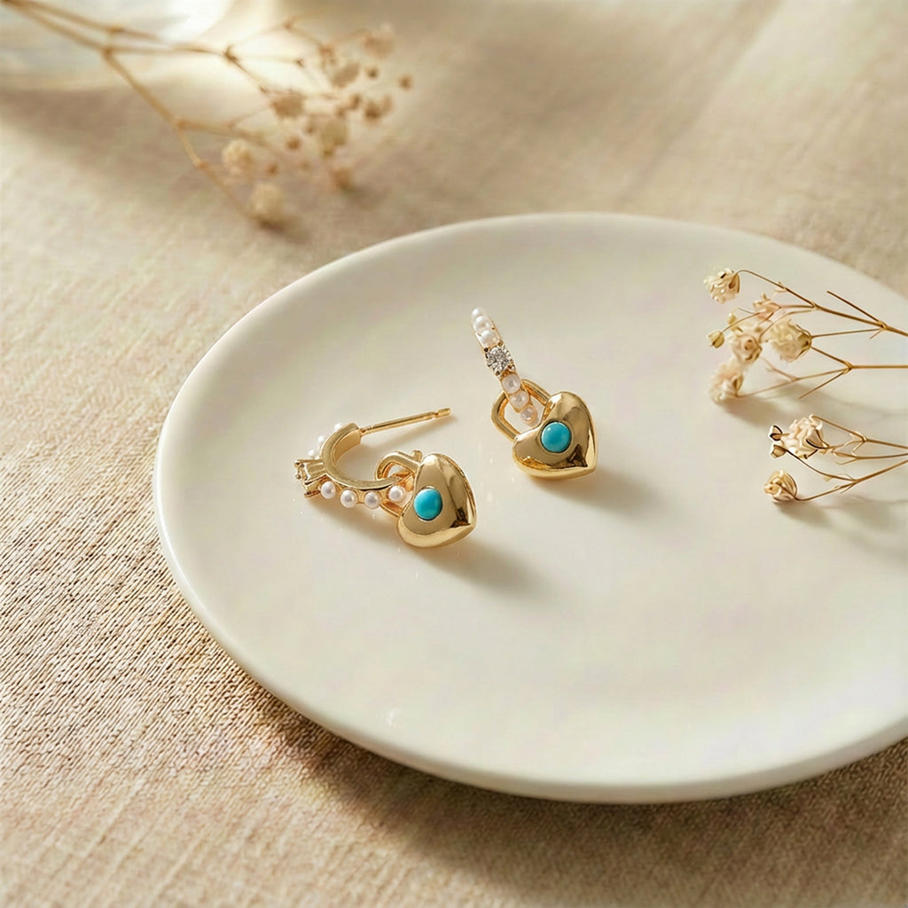 Gold Heart Earrings with Turquoise